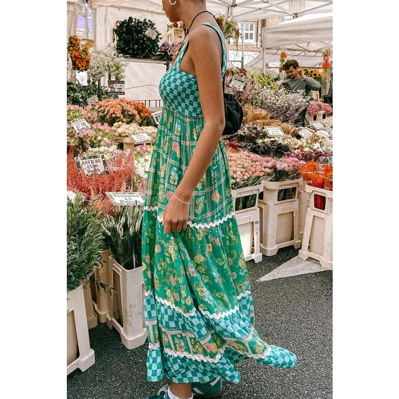 Women Floral Print Bohemian Vacation Dress Sexy Strap Backless Elastic Waist Corset Ruffle Boho Holiday Long Dress Streetwear