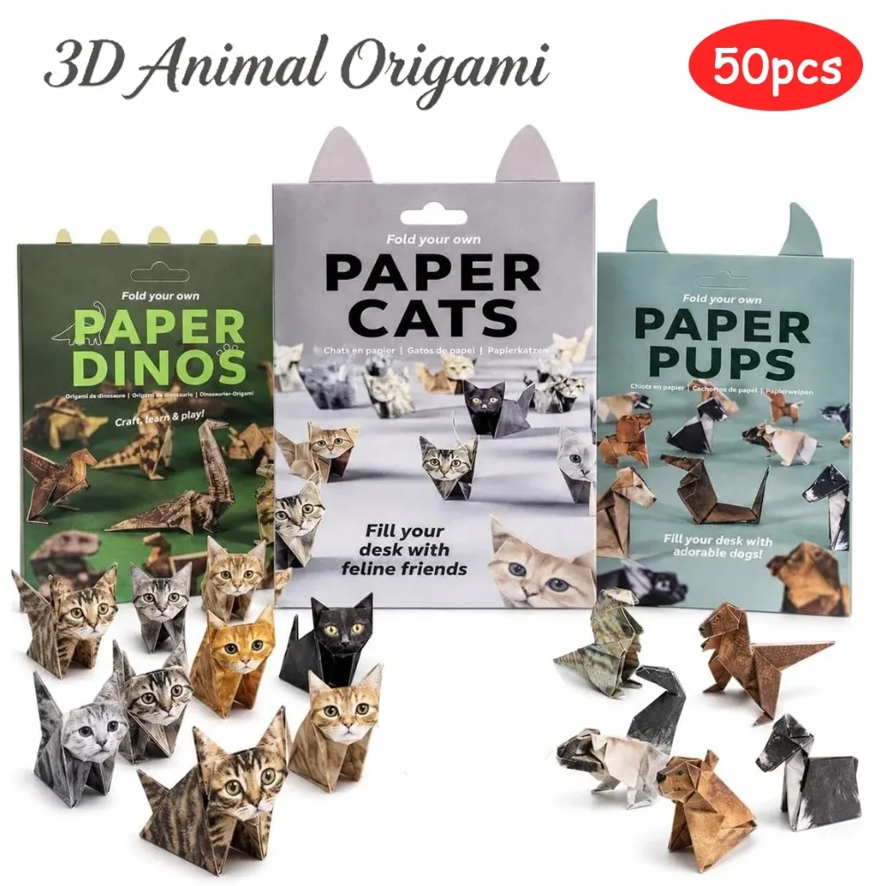 3D Origami DIY Animal Kit – 50 Sheets of Specialized Origami Paper, Cat, Dog, and Dinosaur Shapes, Creative Handcraft Gifts