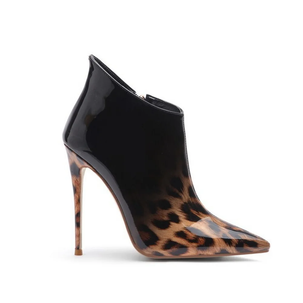 

11cm High Heels Ankle Boots,Women's Short Botas,Patent Leather Gradient Leopard Winter Shoes,Side Zip,Size 35-45,Dropship