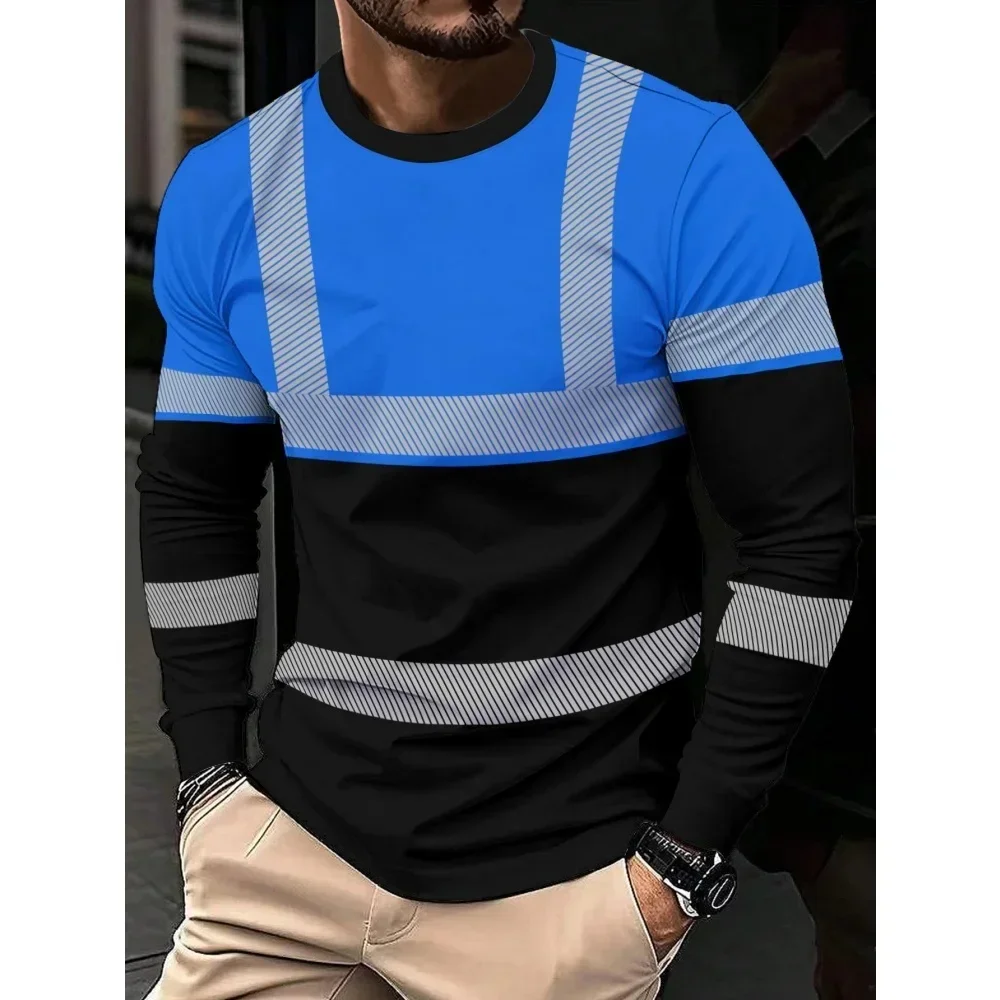 2026 New Men's Hi Vis Reflective Stripe Long Sleeve Work Shirt Safety Construction Crew Neck Polyester Workwear Traffic Top