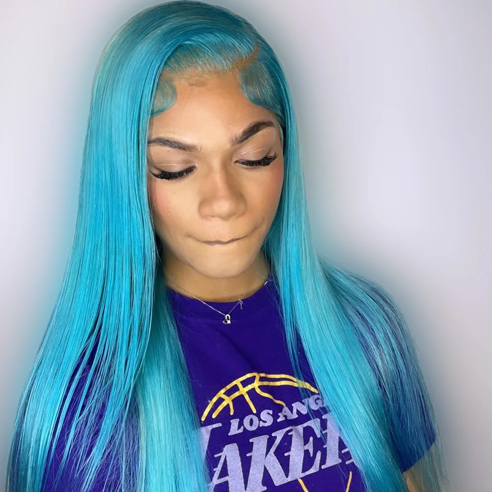 

13x4 Light Blue Lace Front Human Hair Wigs Pre-Plucking Brazilian Straight Colored 100% Human Hair Lace Frontal Wig For Women