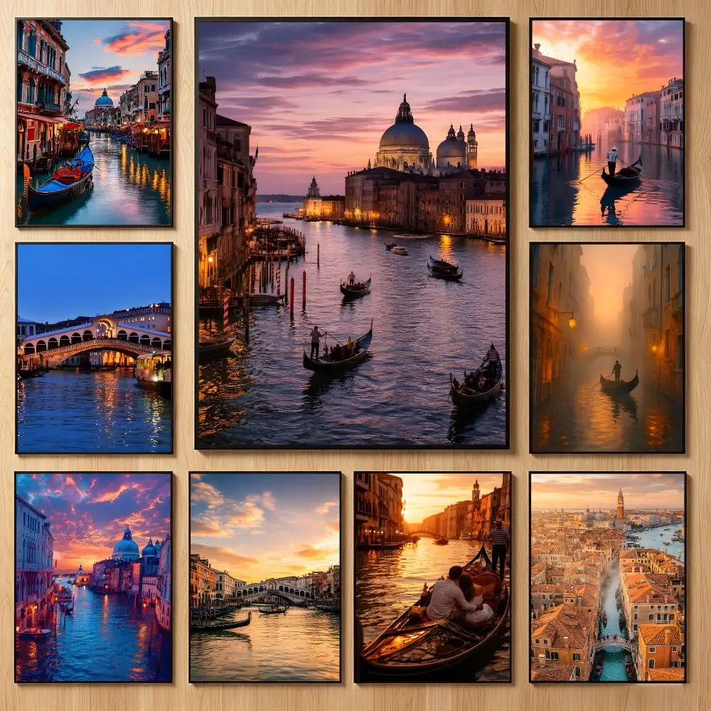 Serene Landscape Graphic V-Venice Gondola Canal Poster Classic Self-Adhesive PP Wall Sticker for Living Room Bar Decor Gift