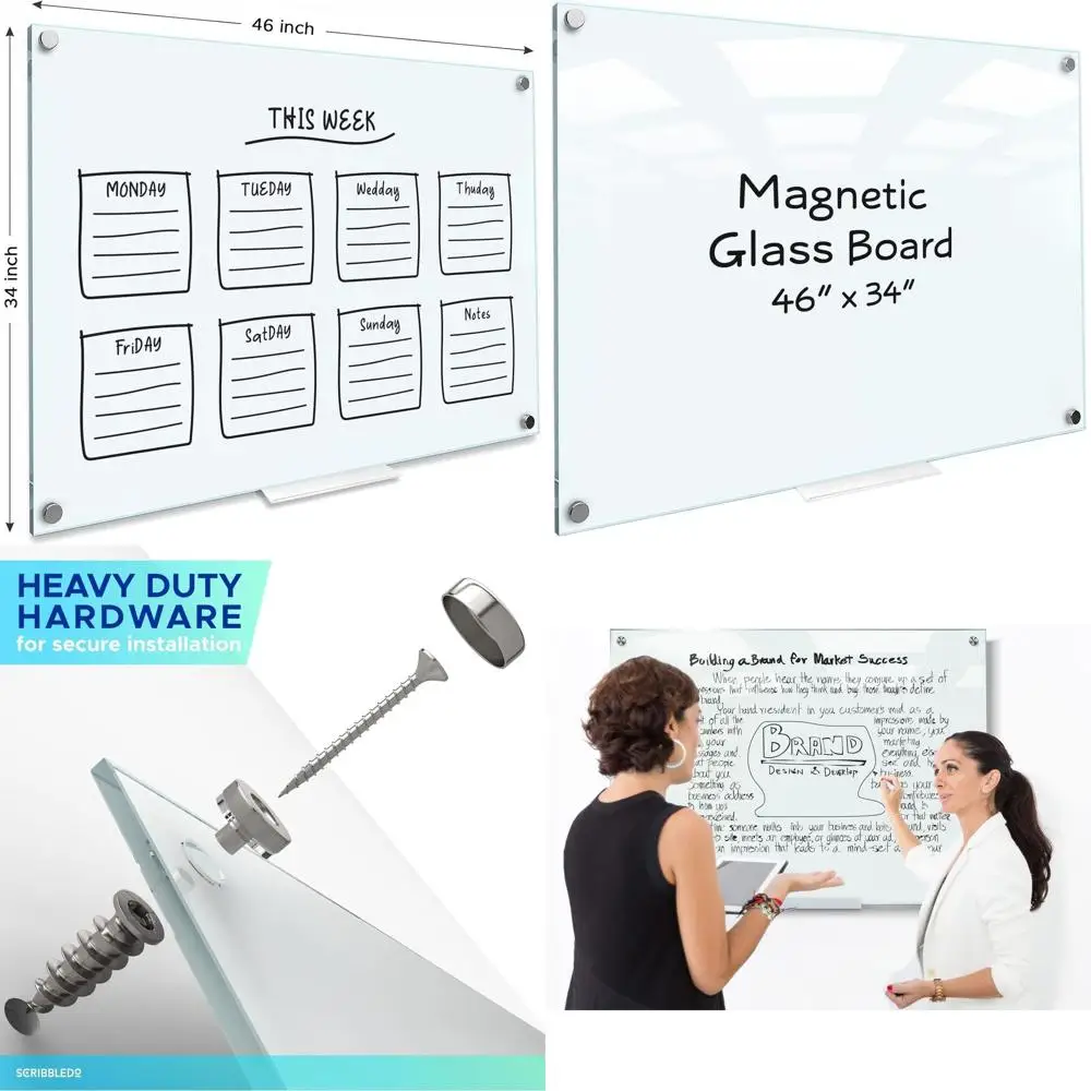

46 x 34 Frameless Frosted Glass Whiteboard, Wall-Mounted Dry Erase Board with Tray for Office, Home, and School