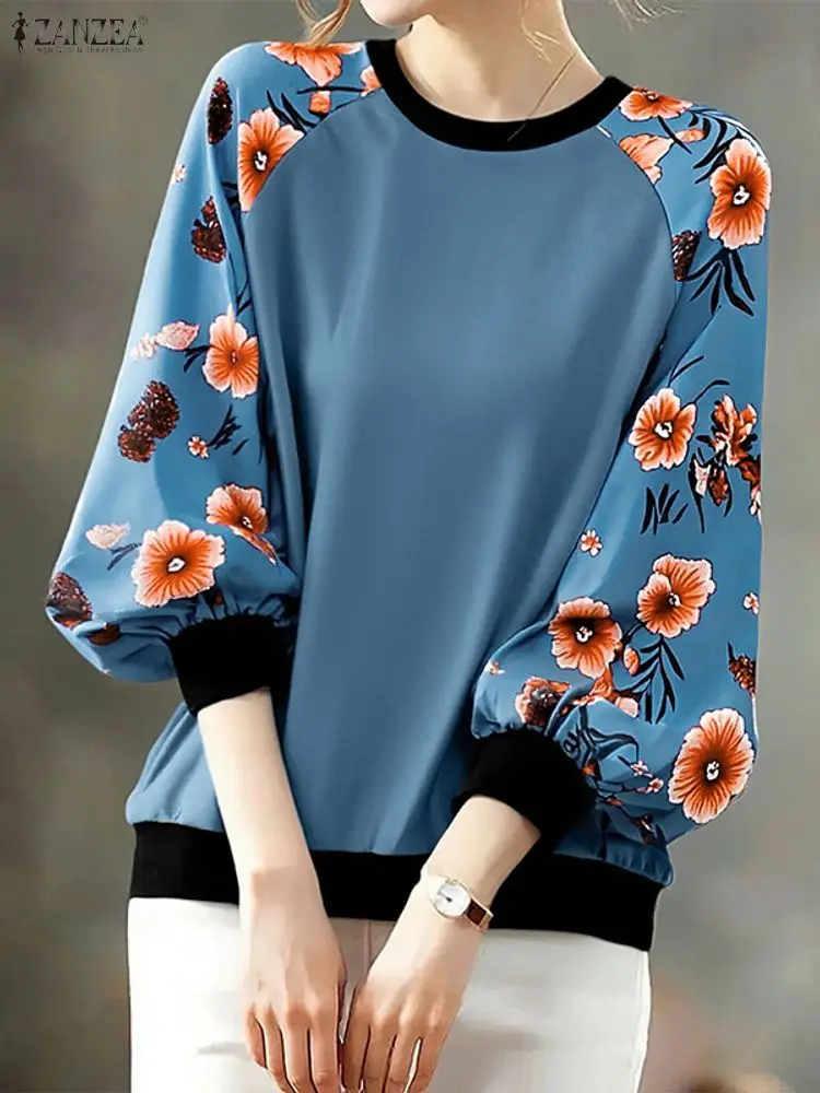 Stylish Women Sweatshirts ZANZEA 2025 Autumn Long Sleeve Floral Print Pullover O Neck Knitted Sweatshirt Patchwork Hoodies Tops