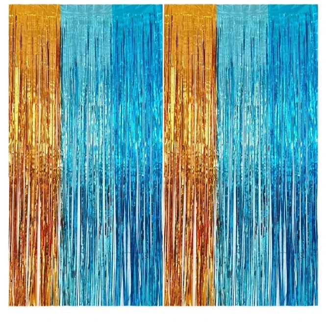 오렌지 블루 도그 호일 프린지 커튼, 생일 파티 용품, 바다 밑 인어 테마, 성별 공개 파티 장식 배경