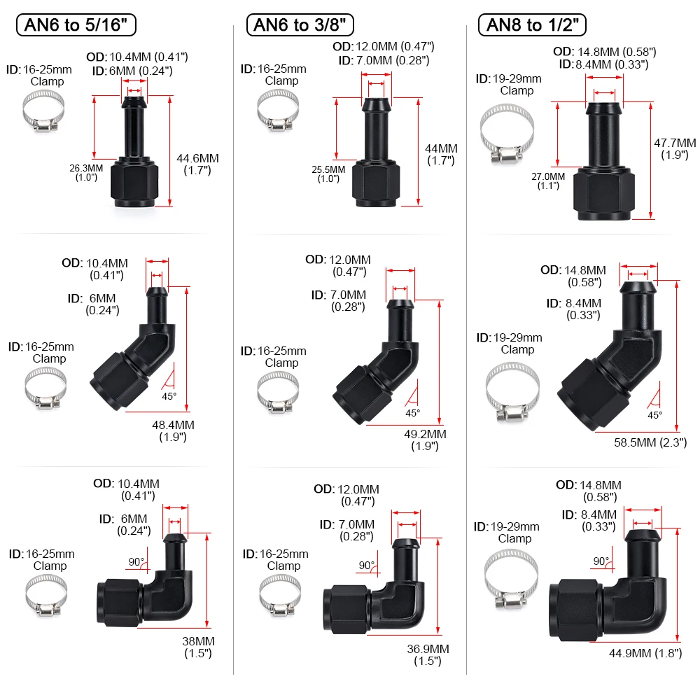 Female AN6 AN8 Swivel Barb Fittings Adapter 0 45 90 Degree Quick Connect Aluminum Elbow Adapter Swivel Hose Fitting Black