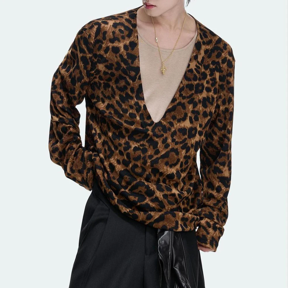 Mens Fake Two Piece Deep V Leopard Niche T Shirt Streetwear Fashion Nightclub Youth Stage Trendy Statement Long Sleeve Top 2026