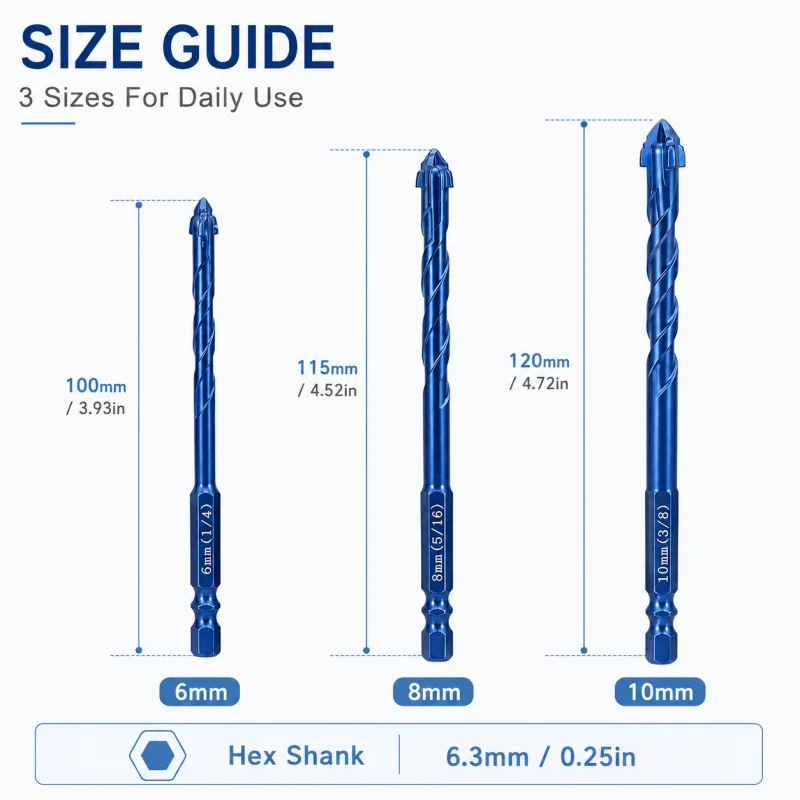 3PCS Hex Shank Tile Drill Bits Durable Alloy Head Sharp Tip Fast Clean Holes for Multiple Surfaces