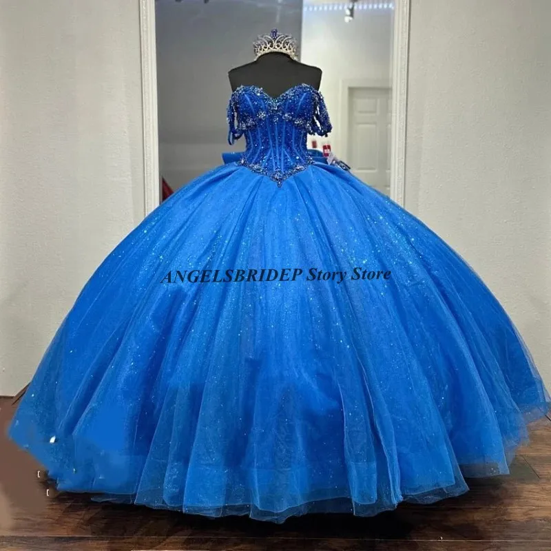 ANGELSBRIDEP Royal Blue Princess Quinceanera sukienki zroszony kryształ z dużą kokardą tiulowa sznurowana słodka 16. sukienka urodziny dostosowane