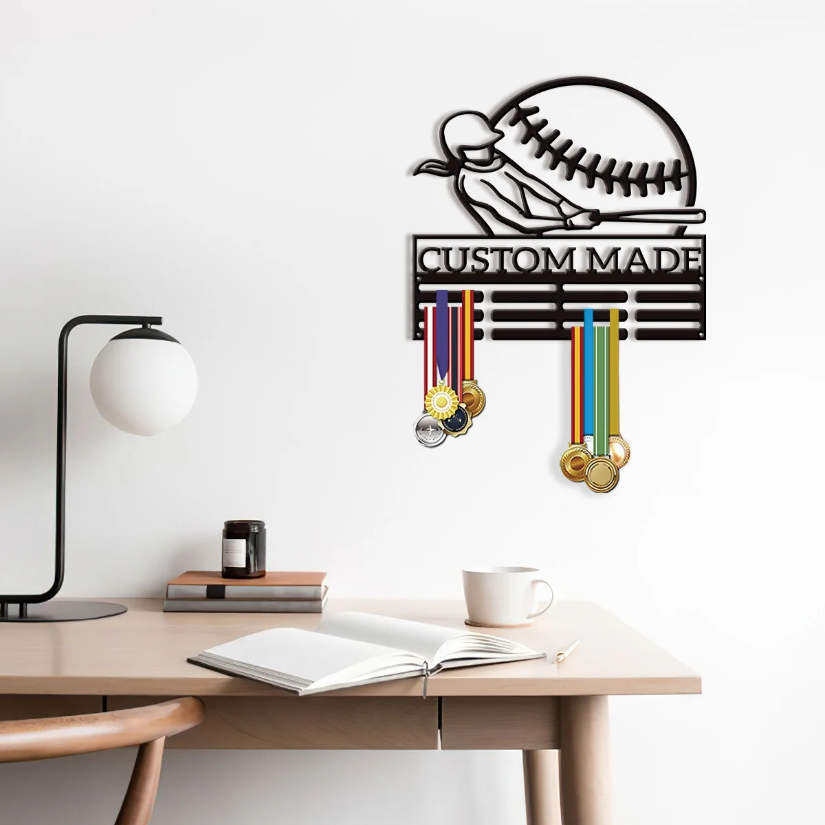 1 piece of minimalist modern customization baseball player Black metal medal display stand - athlete medal ribbon organizer Spo
