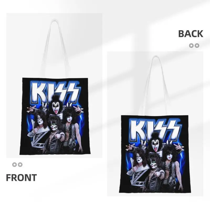 Bolso de lona personalizado para mujer, bolsa lavable con estampado de música, banda de Rock, beso, compras, comestibles, demonio, Thriller, Rock