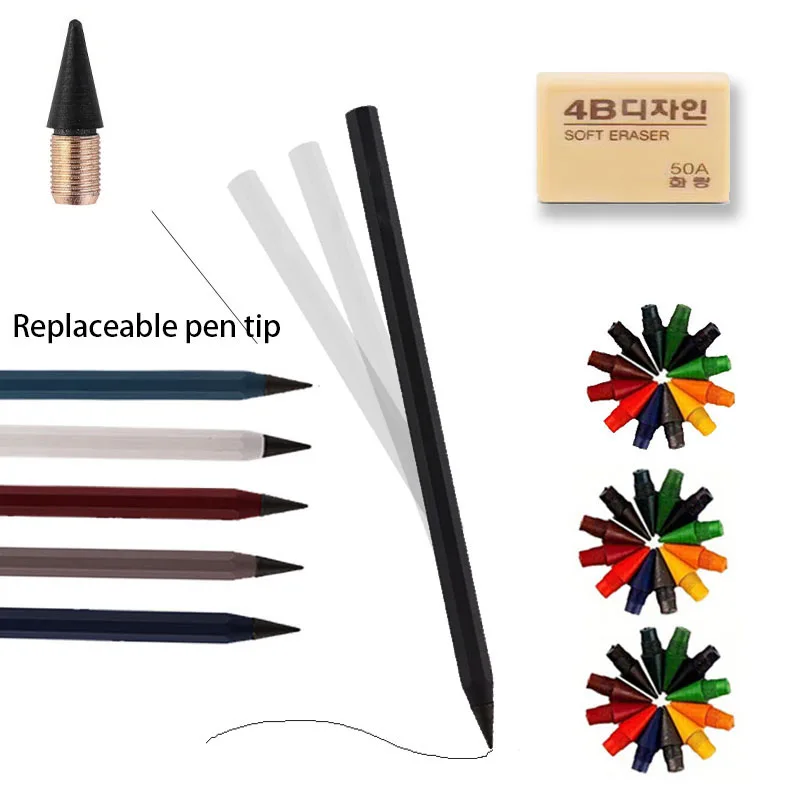 40Pcs/3Pen Set Colorful Inkless Pens Forever Pencils With Replaceable Core Erasers Forever Pencils Writing Painting Stationery