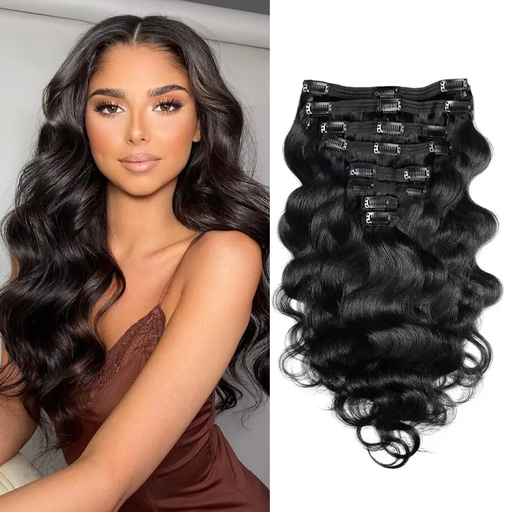 26 Inch Body Wave Clips In Hair Extensions 120g/8Pcs Natural Black Wavy Clip Ins Full Head Invisible Brazilian 100% Human Hair