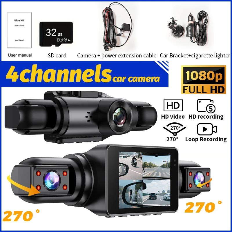 Dashcam Car Front and Rear 1080P 2inch IPS4-Channel Recording Video Recorder Car 4 Cameras Night Vision Recorder Black Box