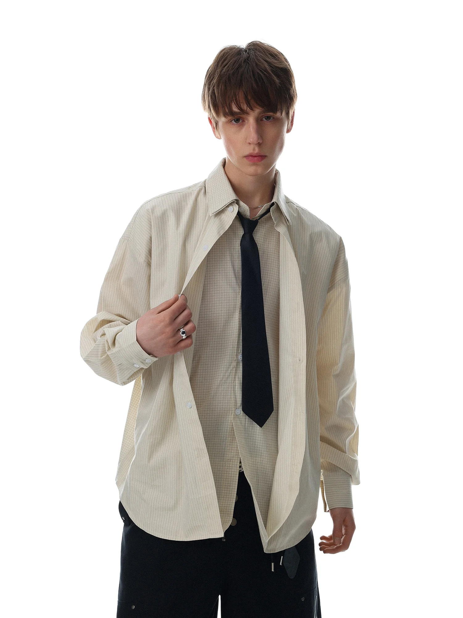 American Retro Striped Long Sleeve Shirt Men Loose Lazy Style Fake Two-Piece Casual Versatile Cotton Breathable Button-Up Shirt