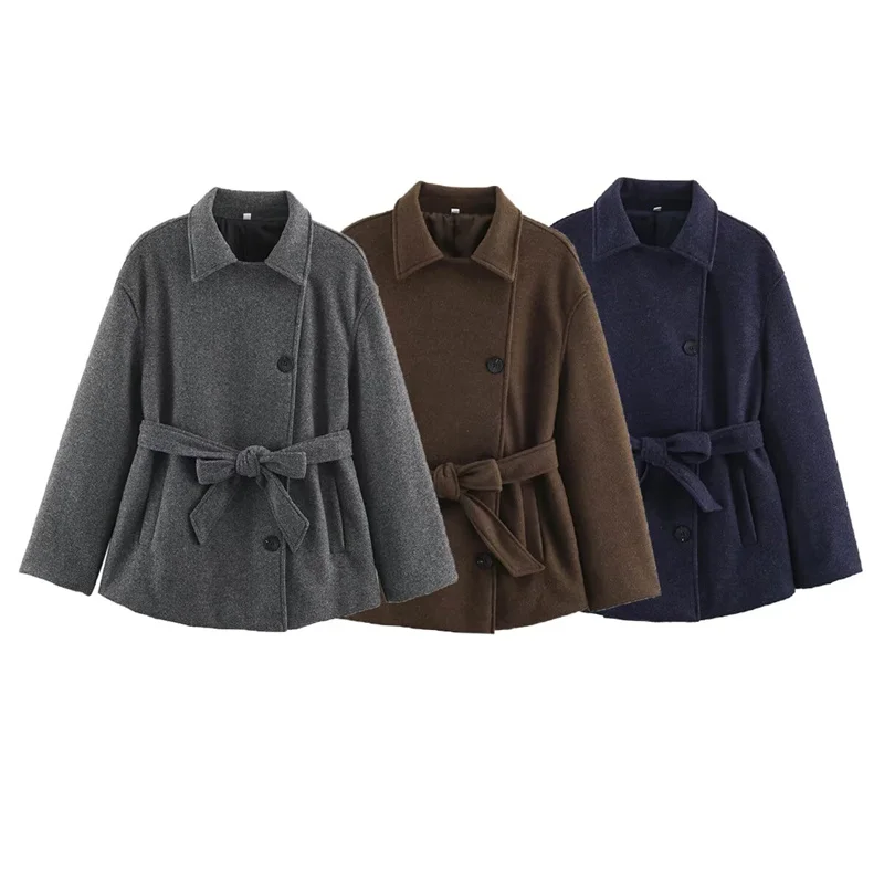Guobioziy Women's Coat 2026 Early Autumn New Fashion Long-Sleeve Turn-Down Collar Mid-Length Belted Single-Breasted Wool Coat