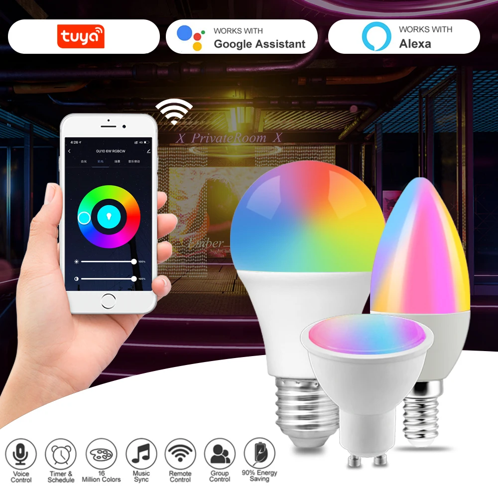 Tuya Smart-Lâmpada Regulável RGB, Wifi, Led Lâmpada Mágica, Funciona com Alexa, Google Home, Gu10, C37, A60, T37, E14, E27, B22, CA 110V, 85V-265V