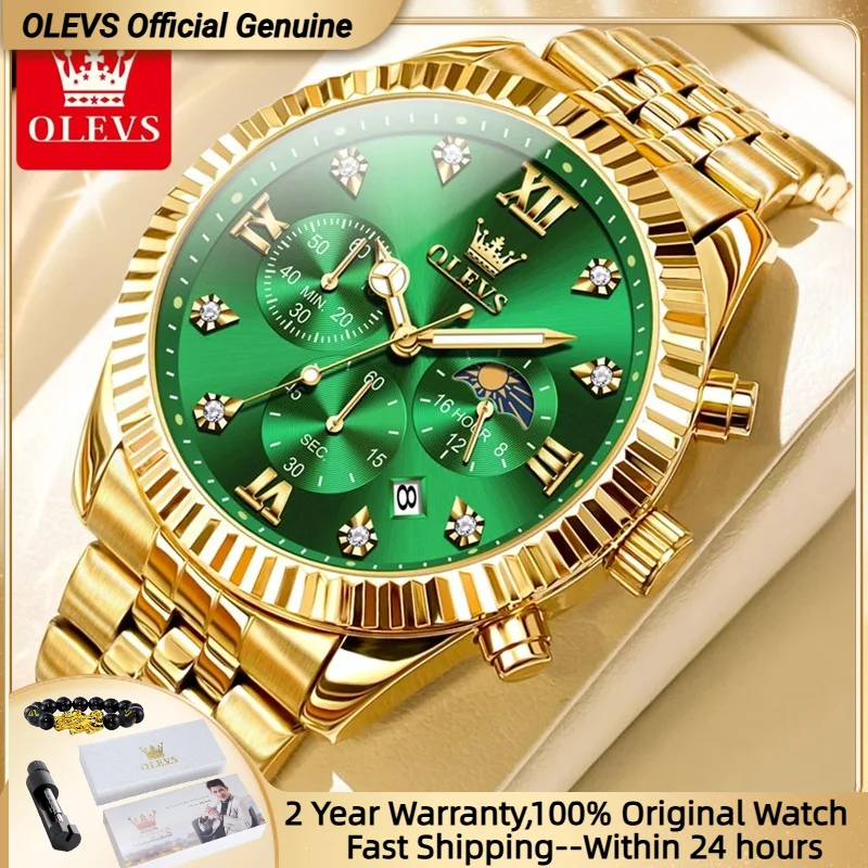 OLEVS 2932 New Original Quartz Men's Watch Luxury Brand Gold Stainless Steel Waterproof Lunar Phase Timing Code Watch Men Watch