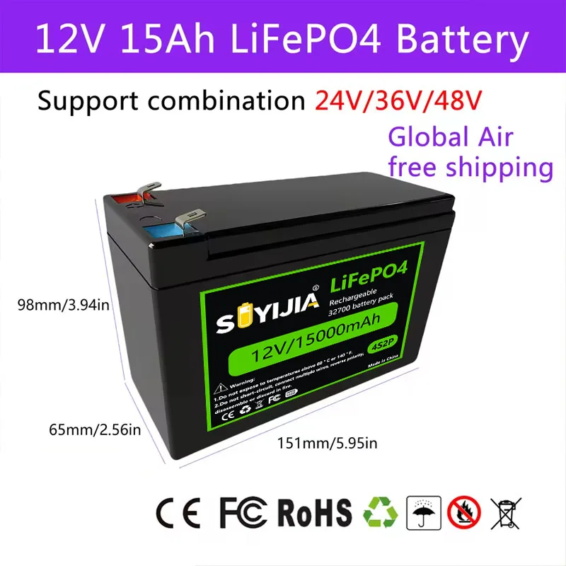 LiFePO4 Battery Pack 12V 15Ah Built-in 30A BMS for Sprayer Access Control Audio UPS Kid's Toys Electric Vehicle 12V Power Supply