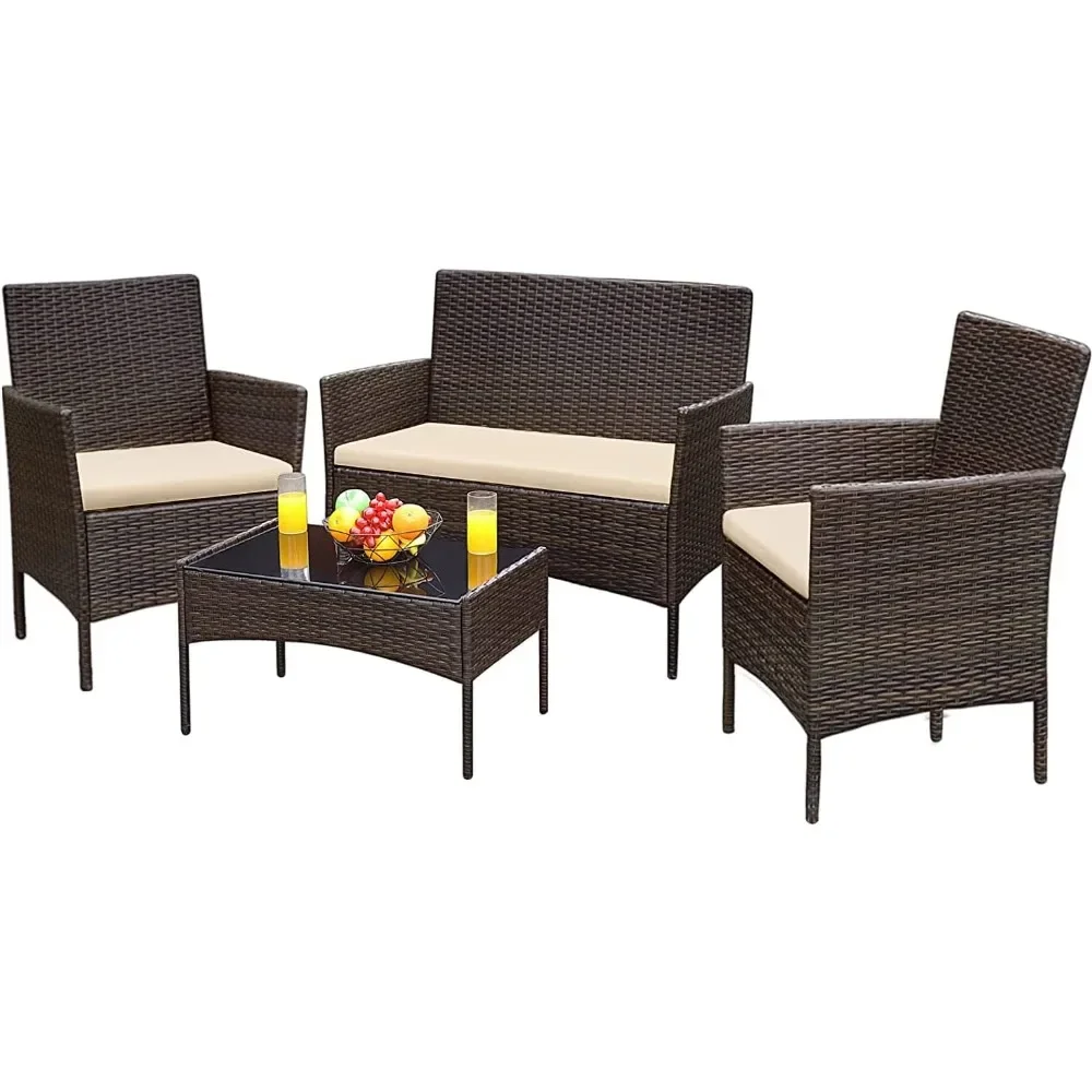 Patio Furniture 4 Pieces Conversation Sets Outdoor Wicker Rattan Chairs Garden Backyard Balcony Porch Poolside