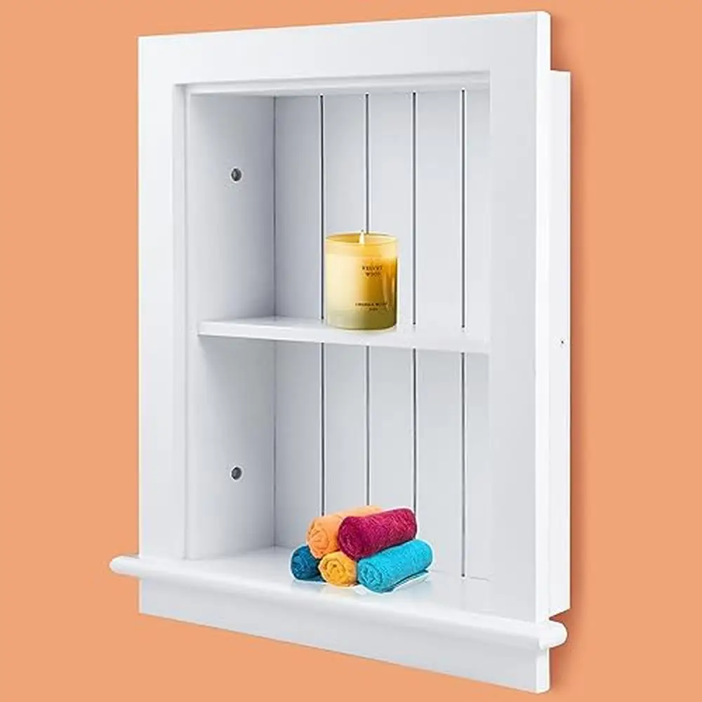 14x18 Recessed Medicine Cabinet 3-Tier Shelving White Wood Organizer Bathroom Kitchen Bedroom Office Storage Easy Install Gift