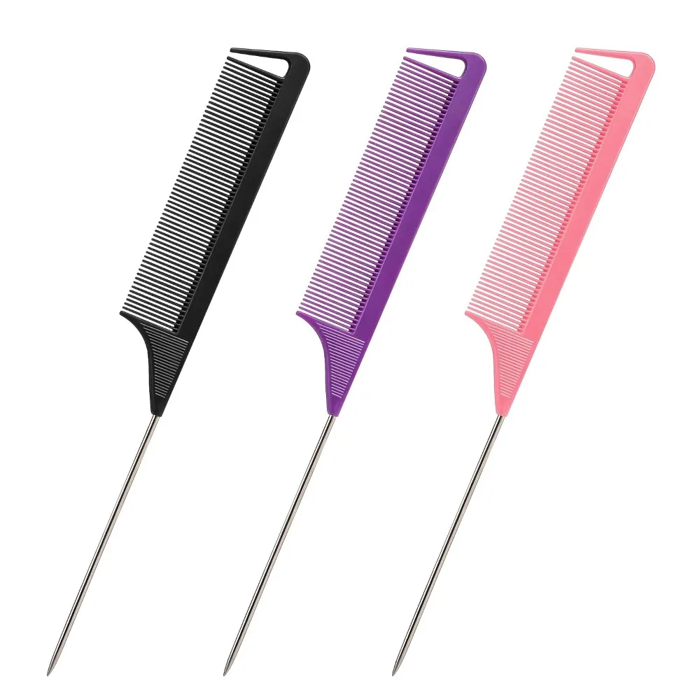 Professional Metal Rat Tail Comb Set 3Pcs Long Steel Pin Tail Comb for Hair Styling Teasing Parting Salon Home Use Purple Black Pink