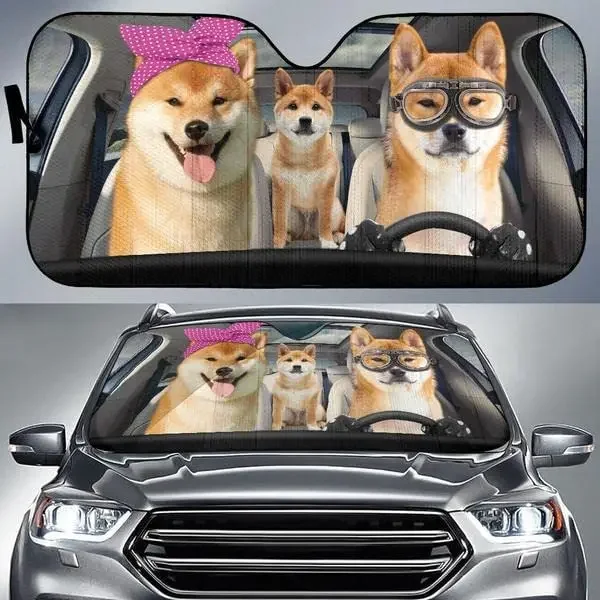 Funny Shiba Inu Driving Headband And Eyeglasses Dog Family Summer Car Sunshade, Shiba Inu Car Window Sun Cover, Car Windshield D