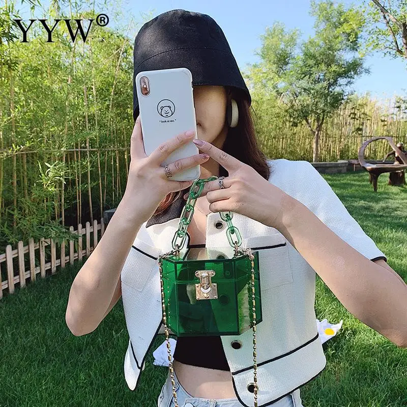 Fashion Fluorescent Clear Square Acrylic Top Women Clutch Handbag Box Designer Brand Metal Chain Crossbody Shoulder Satchels Bag