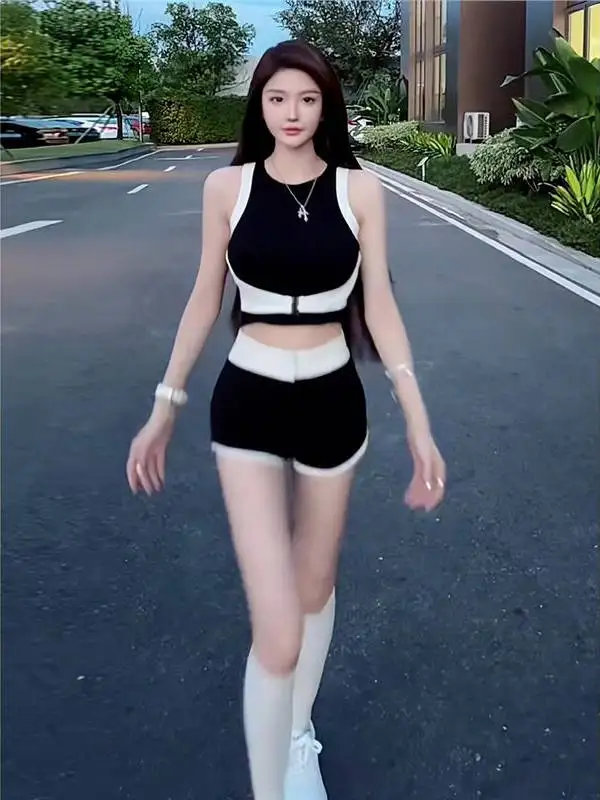 Summer New Style Color Block Slimming Women's Short Pants High Waist Sporty Hot Butt Casual Style Three-quarter Length Pants