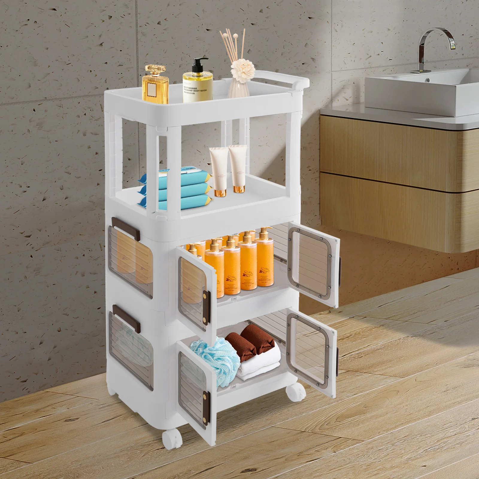 Movable Storage Wheelcart Service Cabinet or Beauty Carts Home Organizer with Drawers for Kitchen, Living Room, Toilet