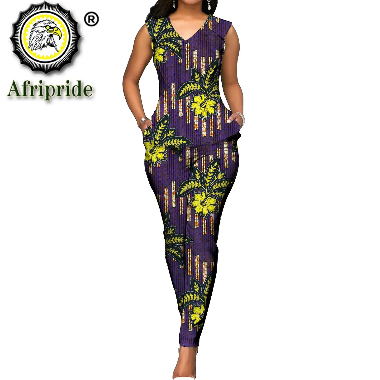 2024Women`s 2 Piece Set Dashiki Tops Blouse+ Ankara Pants African Print Outfit Sleeveless V Neck Casual Wear AFRIPRIDE S1926031