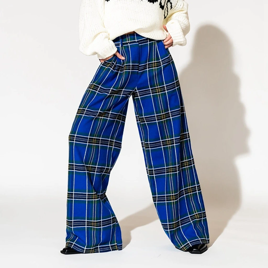 Combhasaki Womens Y2K Vintage Plaid Print Loose Fit Long Pants Button Elastic High Waist Wide Leg Casual Pull On Grunge Trousers