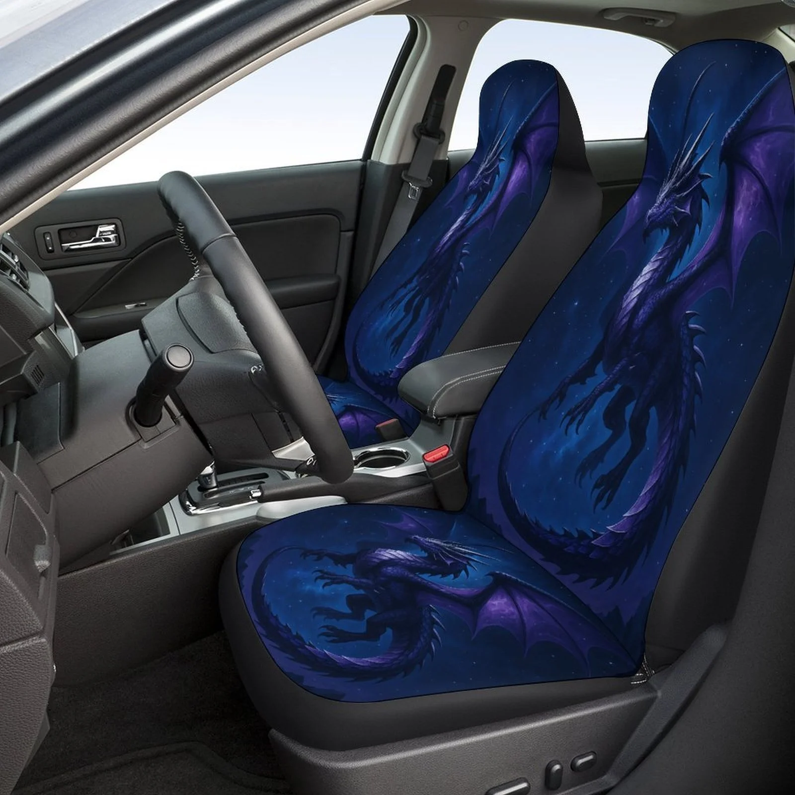 Set Of Car Seat Covers Featuring A Starry Night Dragon Theme, Suitable For Various Vehicles. This Stylish And Unique Full Set In