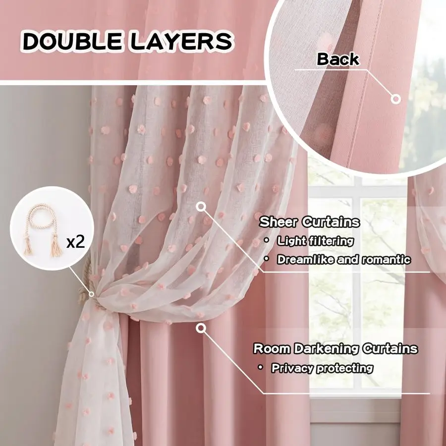ผ้าม่านสีชมพูสำหรับห้องเด็กผู้หญิง ยาว 84 นิ้ว 2 ผืน ผ้าม่านเด็กผู้หญิงพร้อมพู่สีชมพู ผ้าม่านโปร่งแสงกันแสงสำหรับห้องเด็ก ช่วยให้ห้องมืดลง
