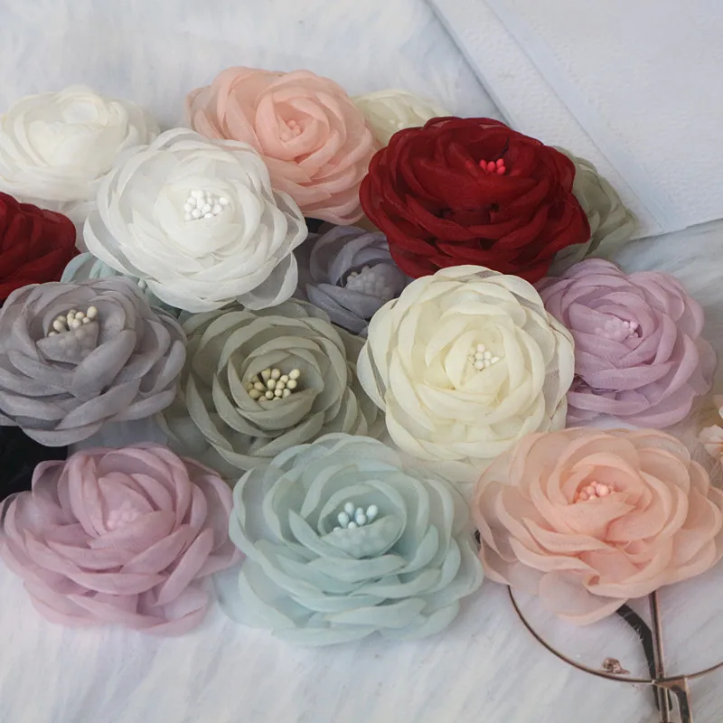 5PCS 5.5CM Organza Chiffon Fabric DIY Rose Flower Headwear Hat Wedding Dress Clothes Hair Accessories Necklace Decoration