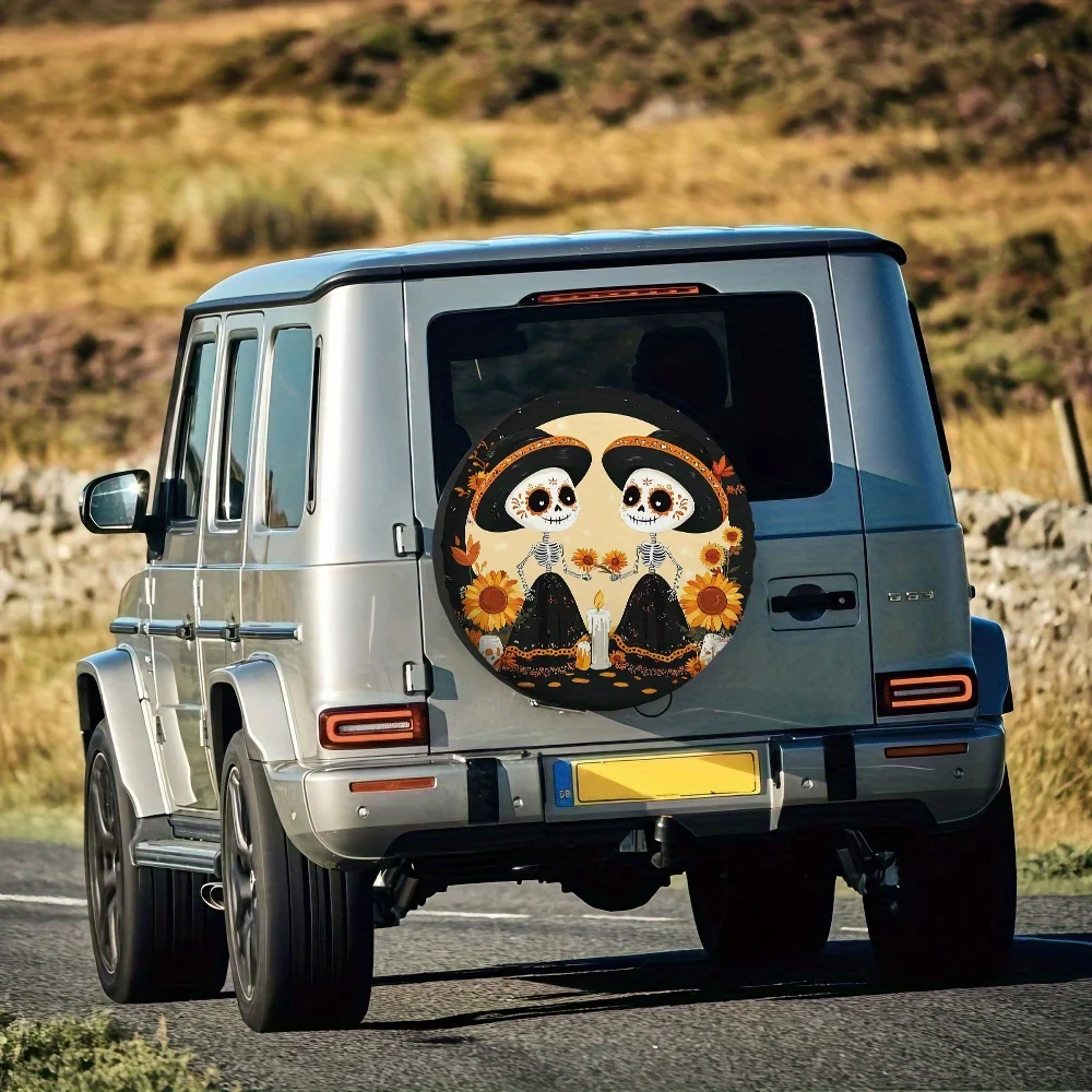 1pc Mexican Day Of The Dead (Día De Los Muertos) Car Tire Cover - Colorful Calavera Sugar Skull & Marigold Flower Design With Ca