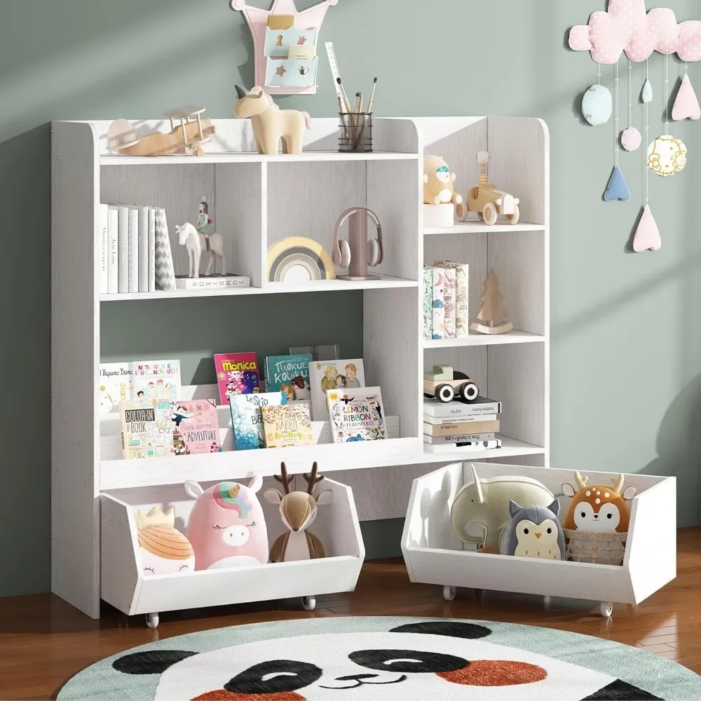 Toy Storage and Organizer, Boys and Girls Bookshelf Muti-Functional Kids Bookcase and Storage Bin with Moveable Drawers