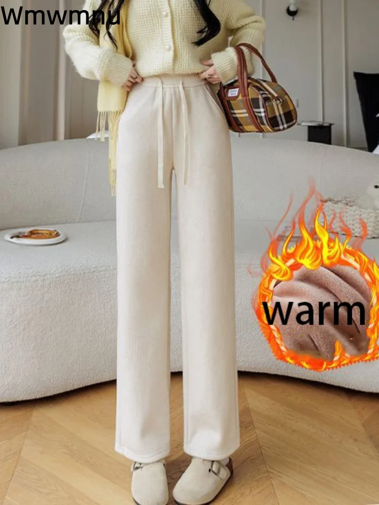 

Утепленные плюшевые прямые брюки с высокой талией на шнуровке, свободные женские повседневные модные брюки с широкими штанинами (калькасы)