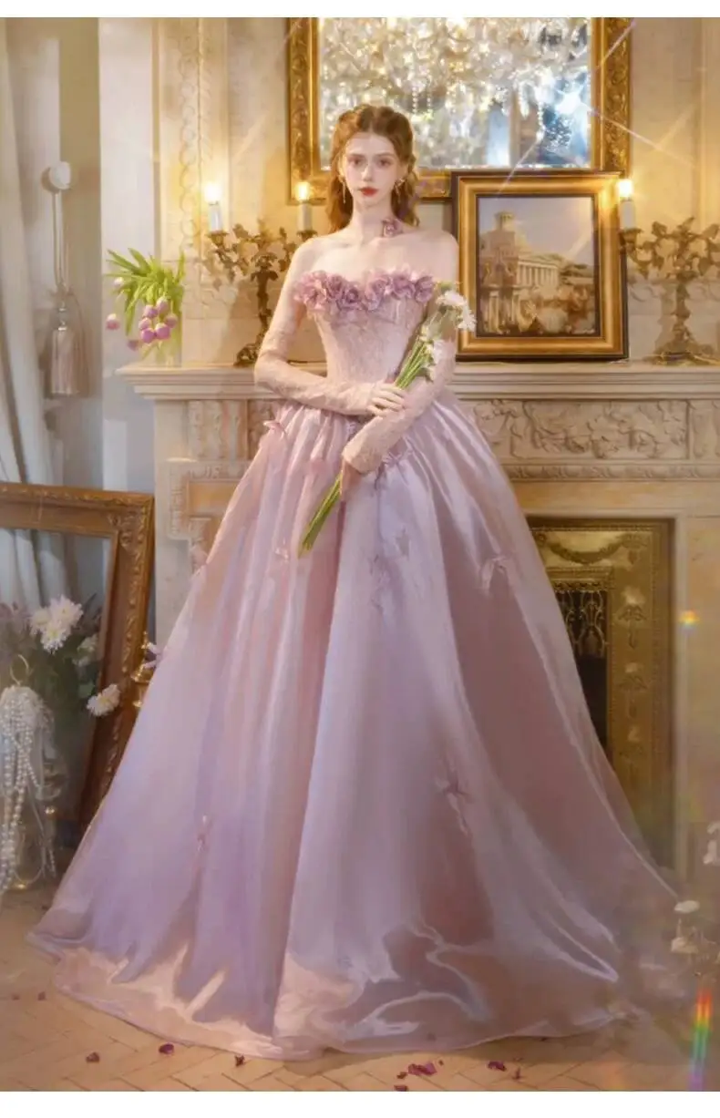 Vintage Dusty Pink Princess Ballgown Strapless 3D Flower Lace Corset Satin Long Formal Dress Wedding Photoshoot Gown view 3