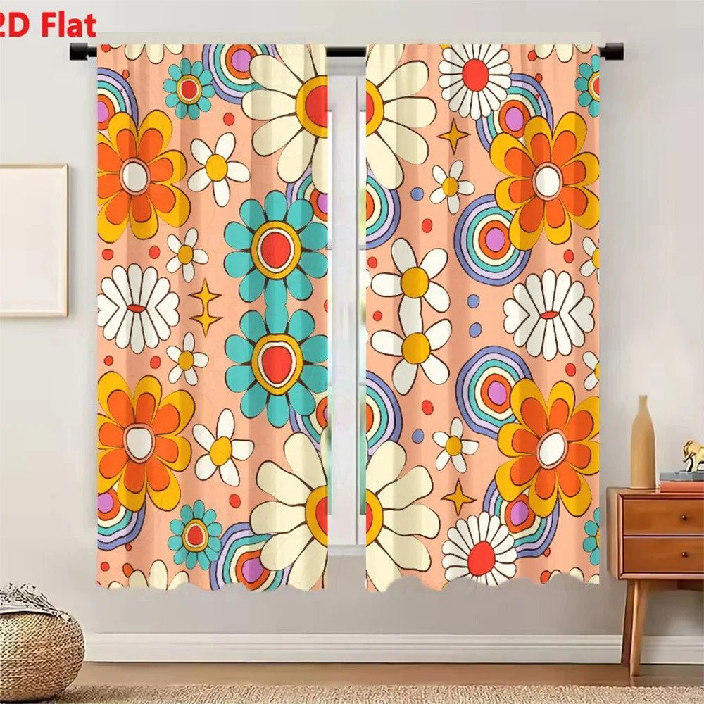 2Pcs Curtains 2D Flat Retro 1960s 1970s Hippie Psychedelic Flower Pattern With Rainbow Circles Star Shapes On Light Peach Backgr