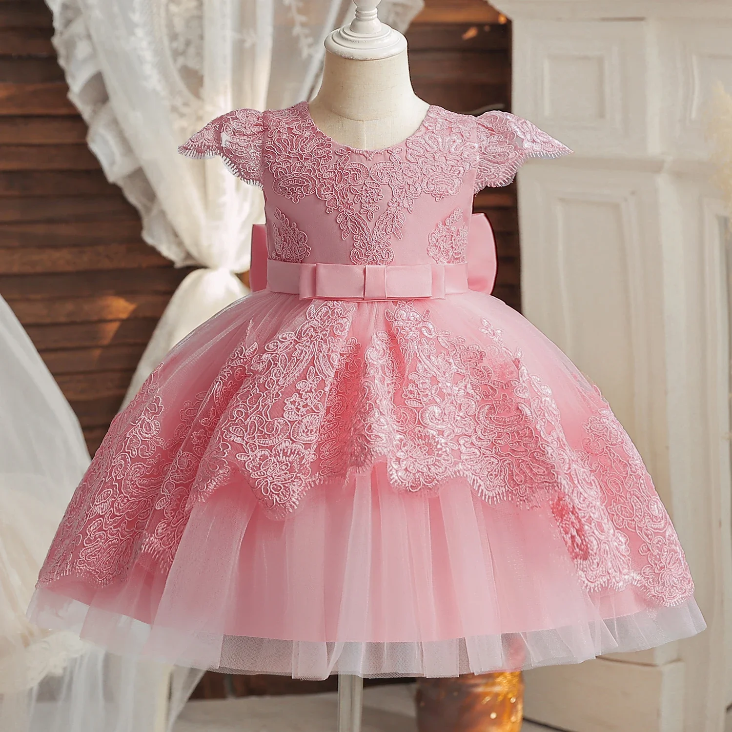 Baby Girls Lace Dress Backless Evening Ball Gowns Embroidery Elegant Ceremony Costumes 1st Birthday Baptism Party Princess Dress