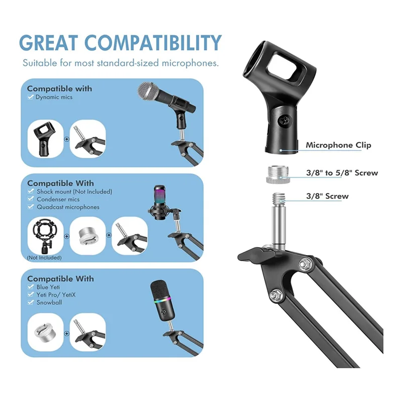 Braço de microfone, suporte de mesa para microfone, braço de suspensão ajustável para gravação de jogos de podcast, fácil instalação
