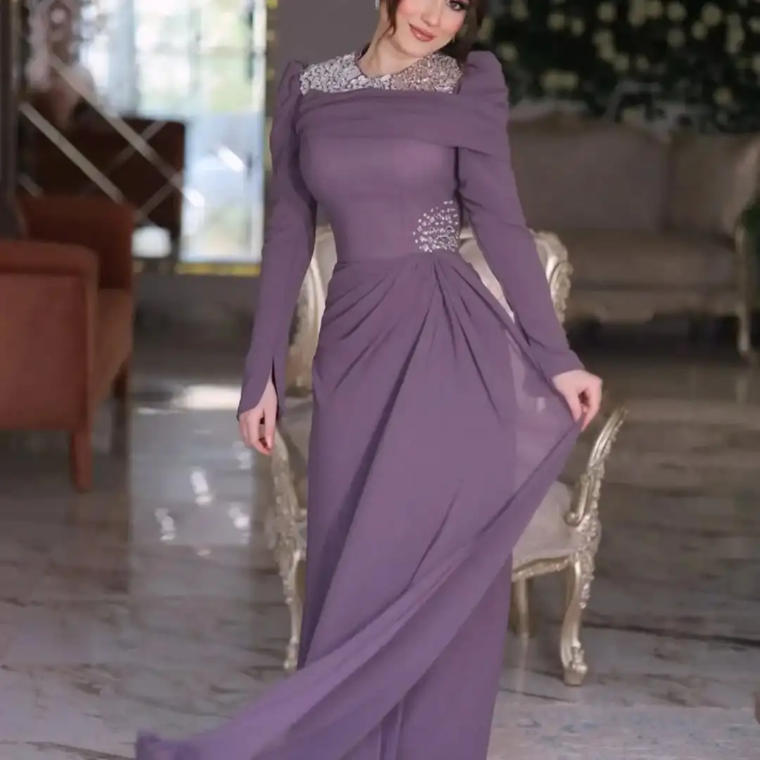 

Customized Long Sleeves Prom Dresses O-Neck Floor Length Beadings Pleated Party Dresses Evening Dresses