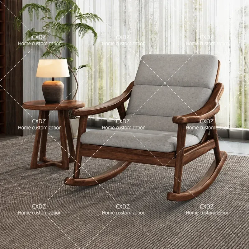 New Chinese Style Black Walnut Solid Wood Zen Lounge Sofa Chair with Footrest Rocking Chair for Living Room Small Apartment
