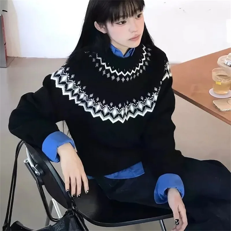 

Осенний свитер с круглым вырезом в стиле ретро для женщин Fel Lsland, вязаный свитер с витым цветком, свободный топ в ленивом стиле, верхняя одежда для улицы