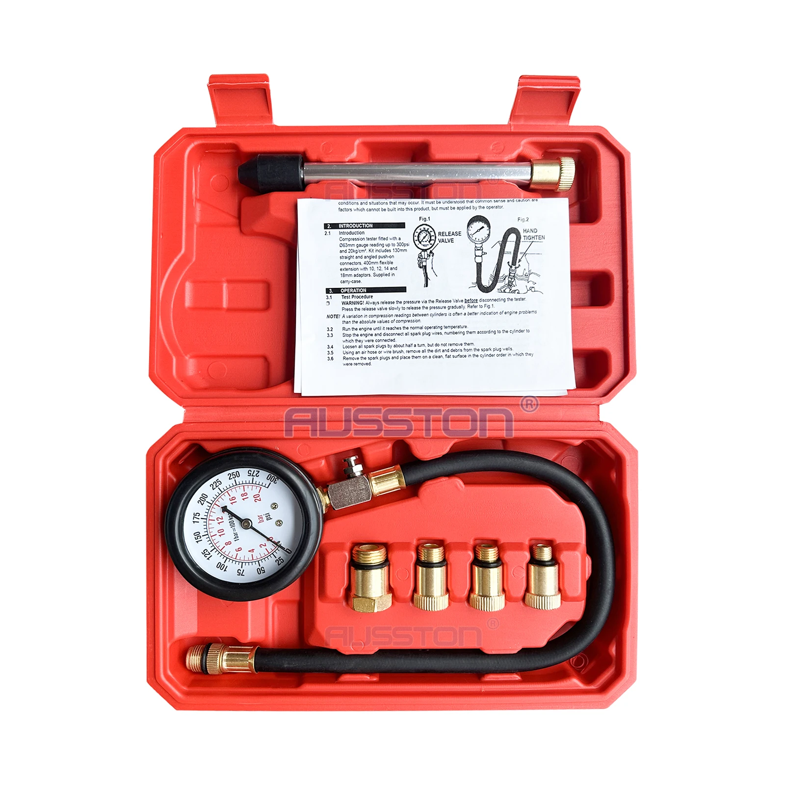 Gasoline Engine Compression Meter with M10 M12 M14 M18 Adapter 0-300 PSI Pressure Gauge Automotive Cylinder Tester Kit