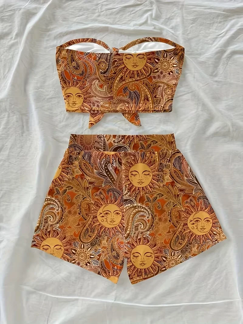 Size Women 2 Pieces Set With Vintage Gold Sun God & Paisley Patterns, Minimalist Casual Summer Beach Style Vcay Women Summer Clo