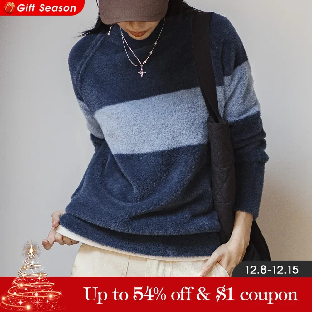 Maden Maglione lavorato a maglia casual a righe Pullover caldo vestibilità ampia con cerniera girocollo per top versatili autunnali e invernali da