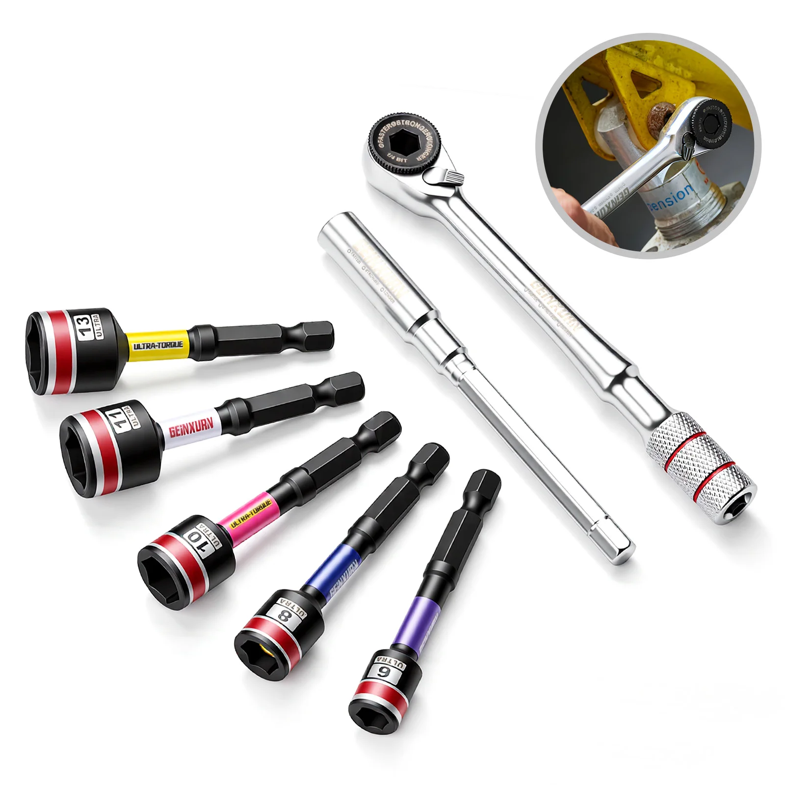 Geinxurn 1/4-inch Ratchet Wrench Set, with 2.56' Heavy Duty Socket, 1' Magnetic S2 Steel Bits Set with Color Coded Base for DIY