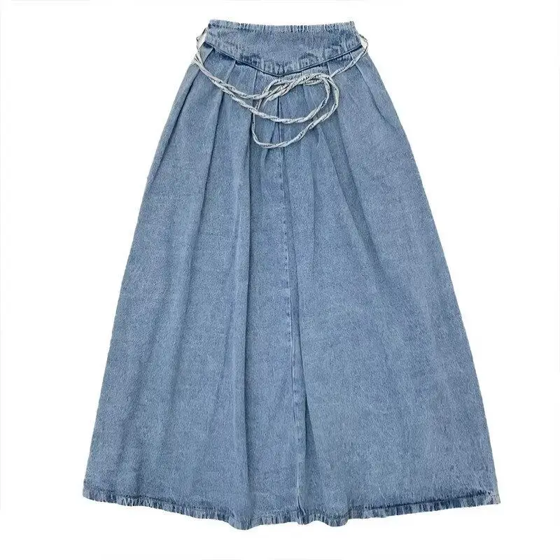 新しいプリーツレトロ弾性デニムスカートハイウエストロングスカートミッドレングス韓国スタイルのファッションエレガントなコケット原宿 Cuteore